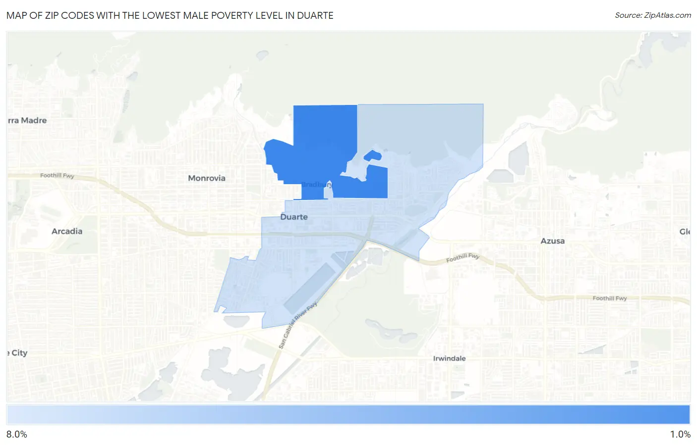 Zip Codes with the Lowest Male Poverty Level in Duarte Map