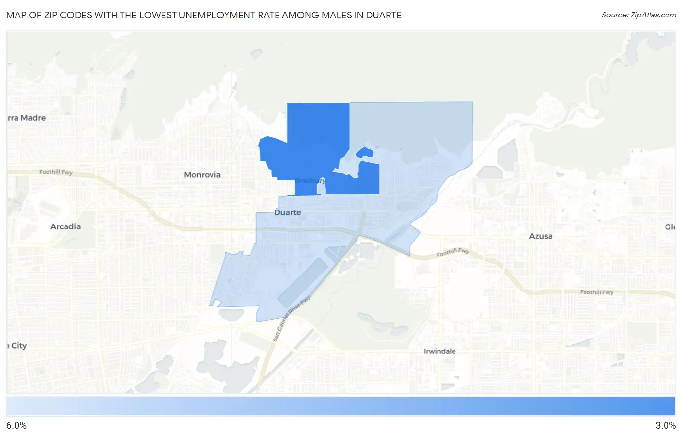 Zip Codes with the Lowest Unemployment Rate Among Males in Duarte Map
