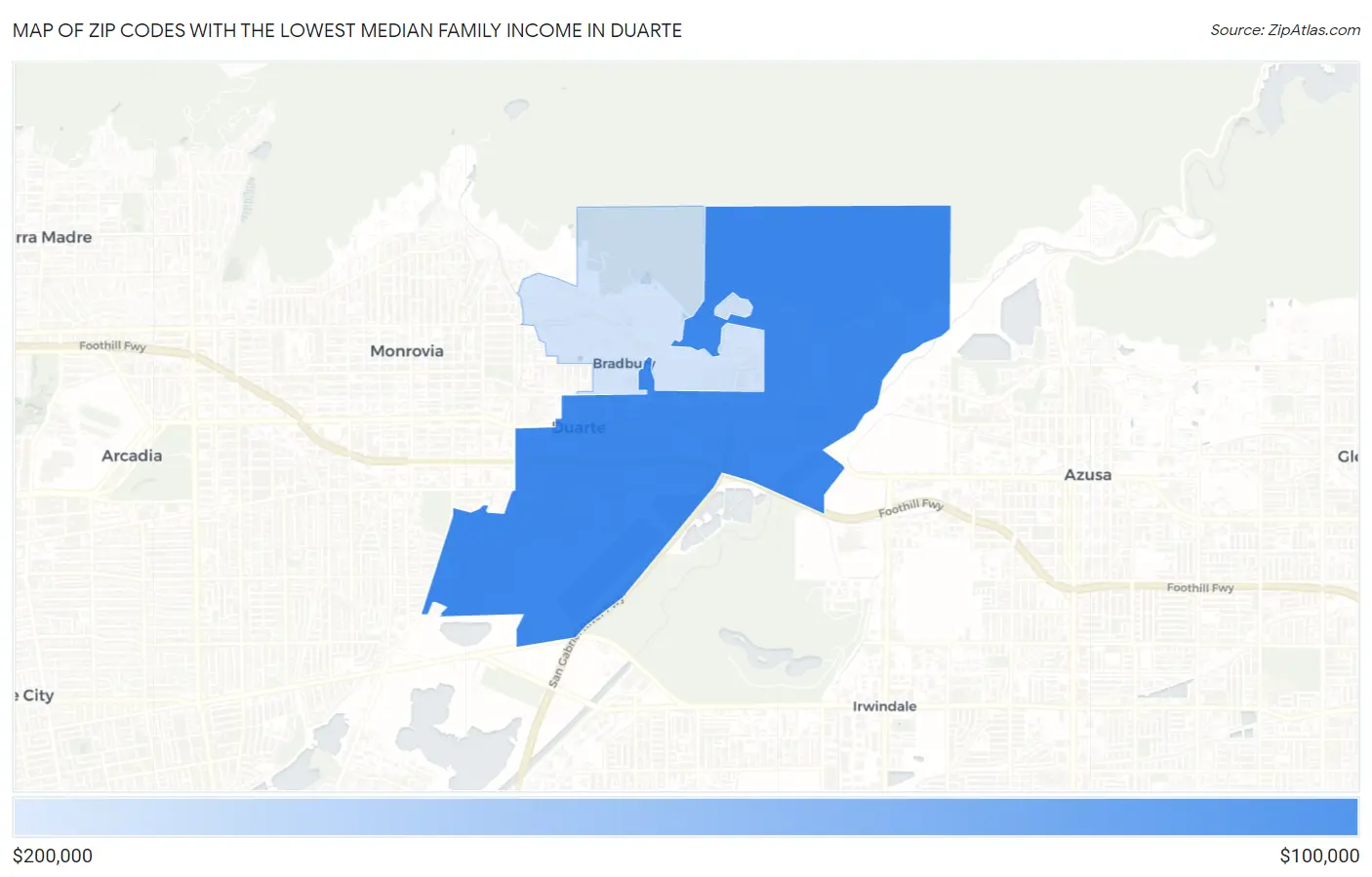 Zip Codes with the Lowest Median Family Income in Duarte Map