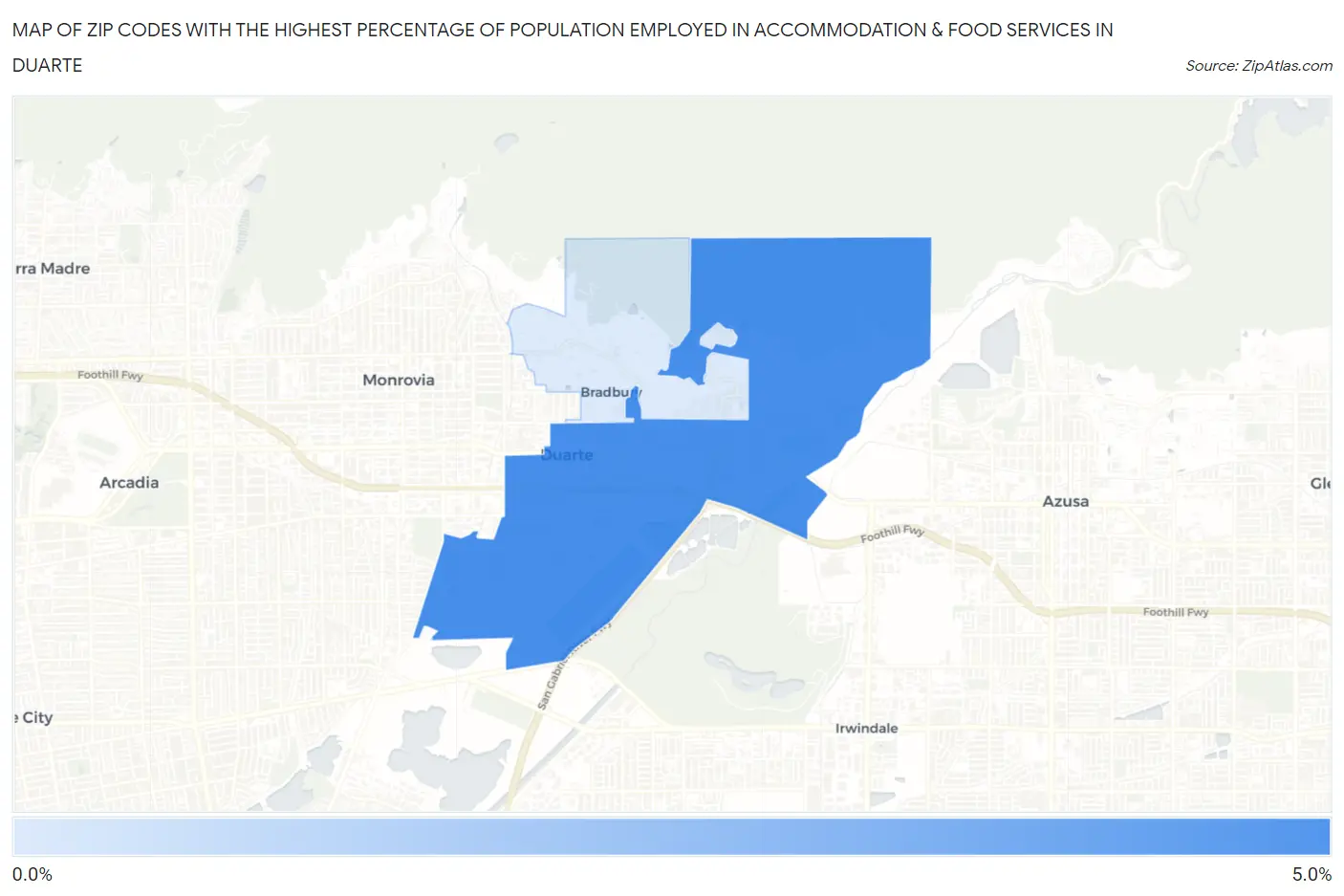 Zip Codes with the Highest Percentage of Population Employed in Accommodation & Food Services in Duarte Map
