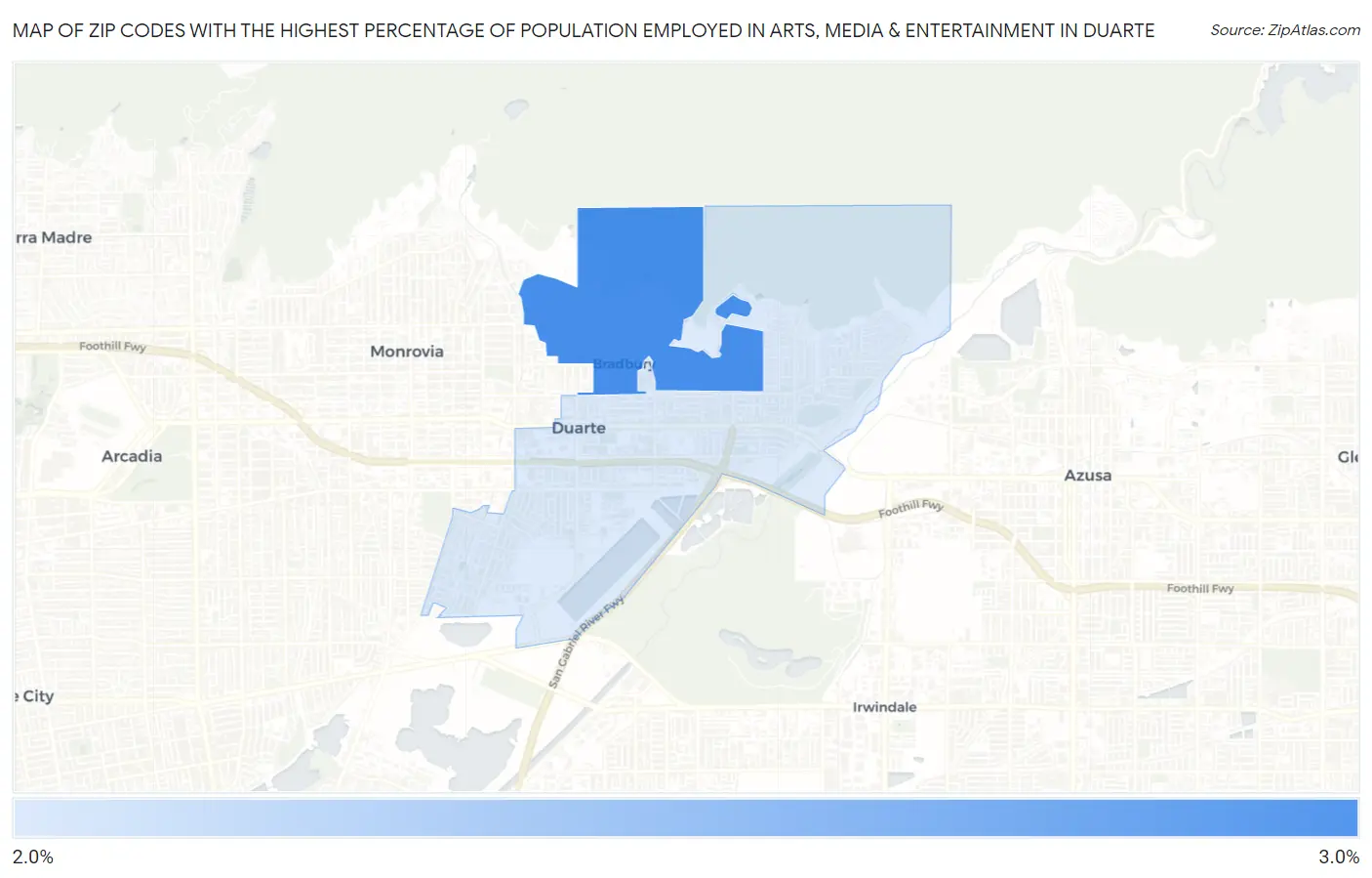 Zip Codes with the Highest Percentage of Population Employed in Arts, Media & Entertainment in Duarte Map