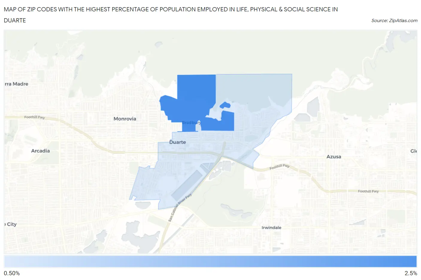 Zip Codes with the Highest Percentage of Population Employed in Life, Physical & Social Science in Duarte Map