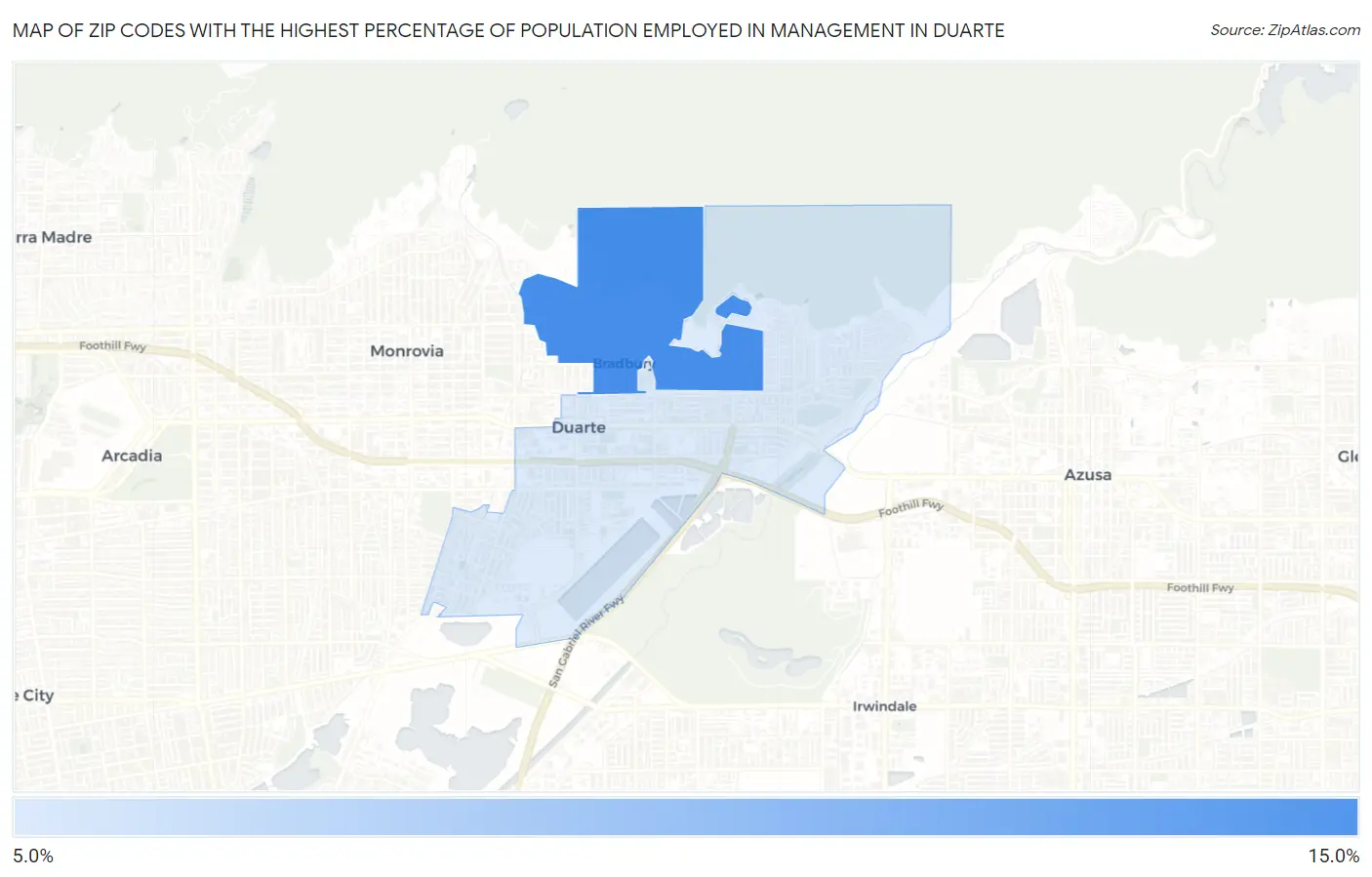 Zip Codes with the Highest Percentage of Population Employed in Management in Duarte Map
