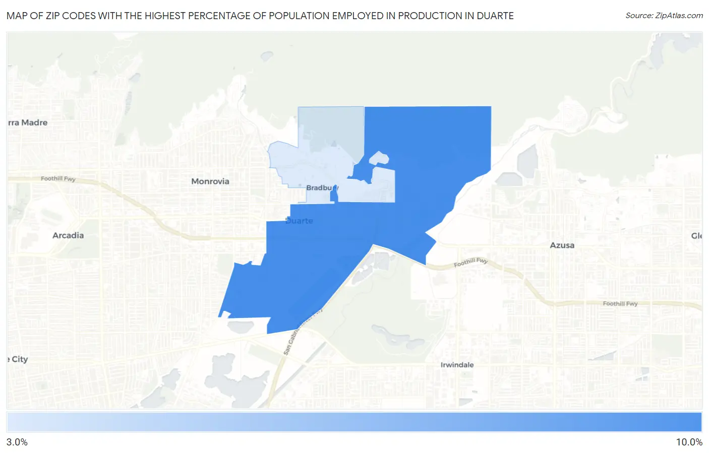 Zip Codes with the Highest Percentage of Population Employed in Production in Duarte Map