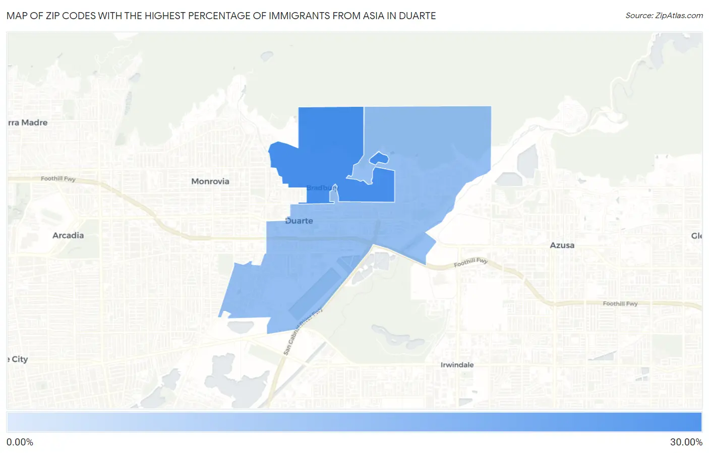 Zip Codes with the Highest Percentage of Immigrants from Asia in Duarte Map