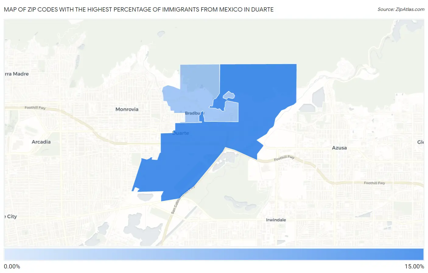 Zip Codes with the Highest Percentage of Immigrants from Mexico in Duarte Map
