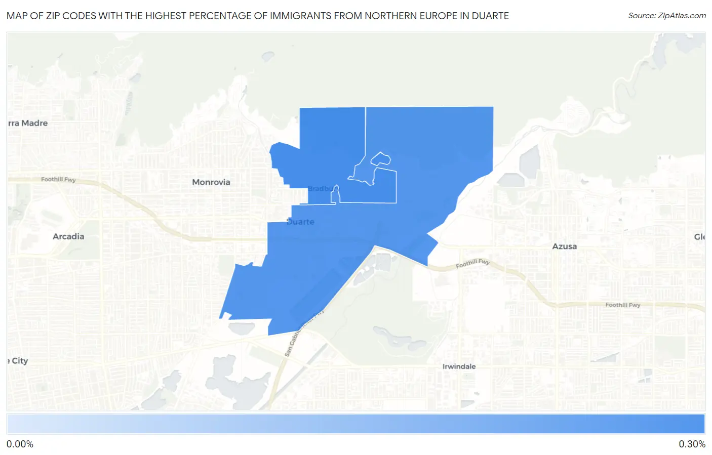 Zip Codes with the Highest Percentage of Immigrants from Northern Europe in Duarte Map