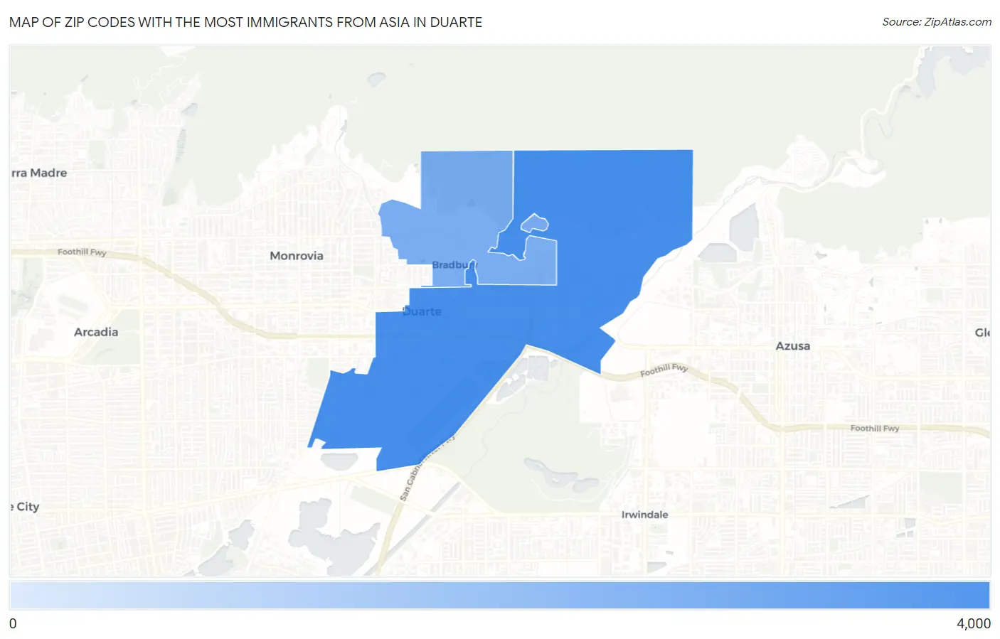 Zip Codes with the Most Immigrants from Asia in Duarte Map