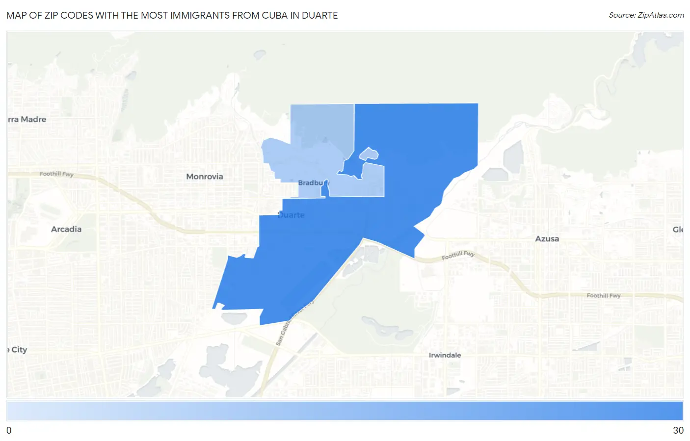 Zip Codes with the Most Immigrants from Cuba in Duarte Map