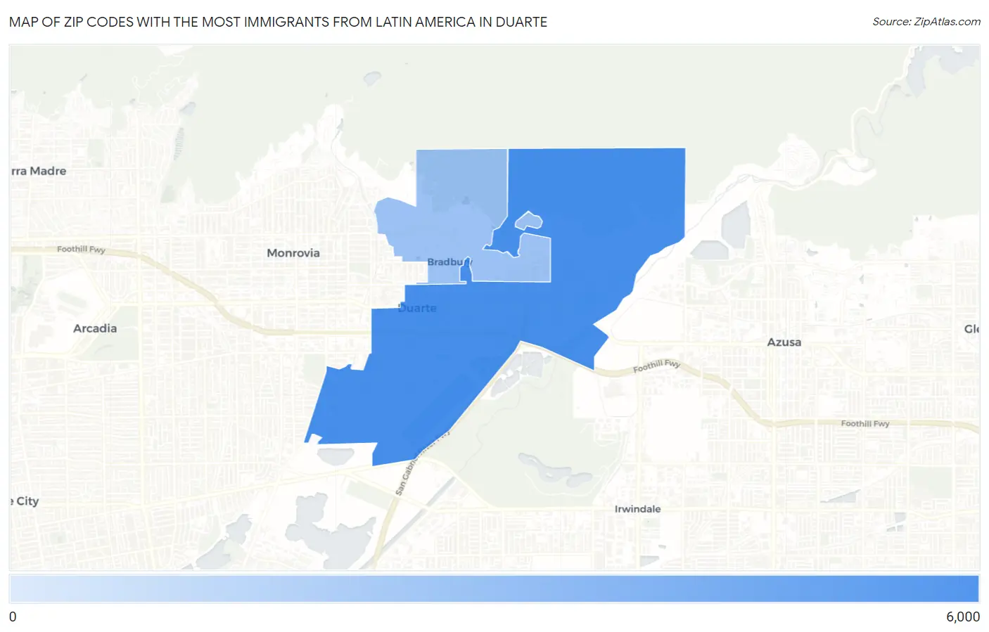 Zip Codes with the Most Immigrants from Latin America in Duarte Map