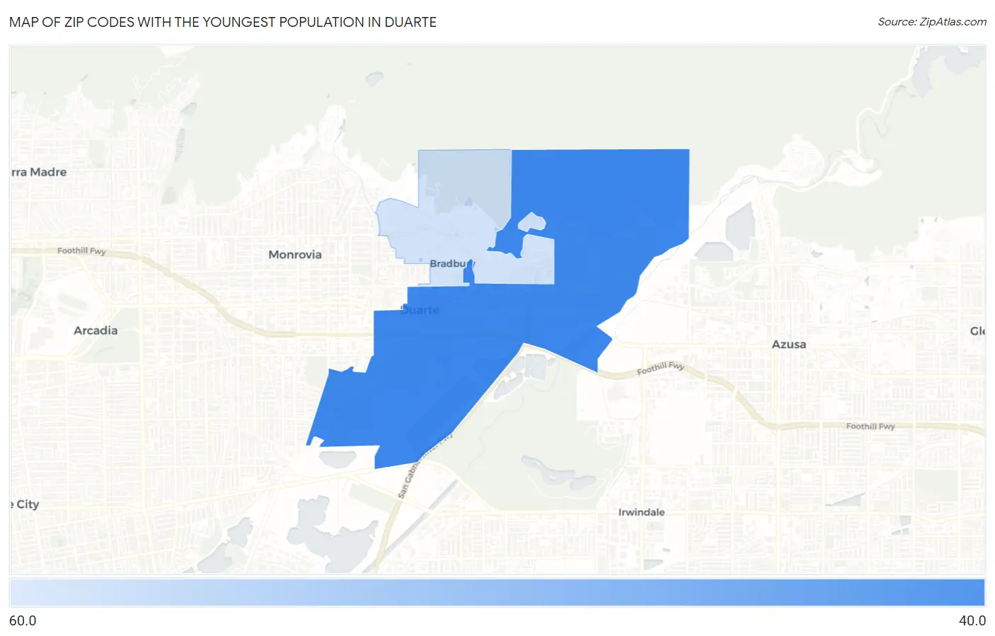 Zip Codes with the Youngest Population in Duarte Map
