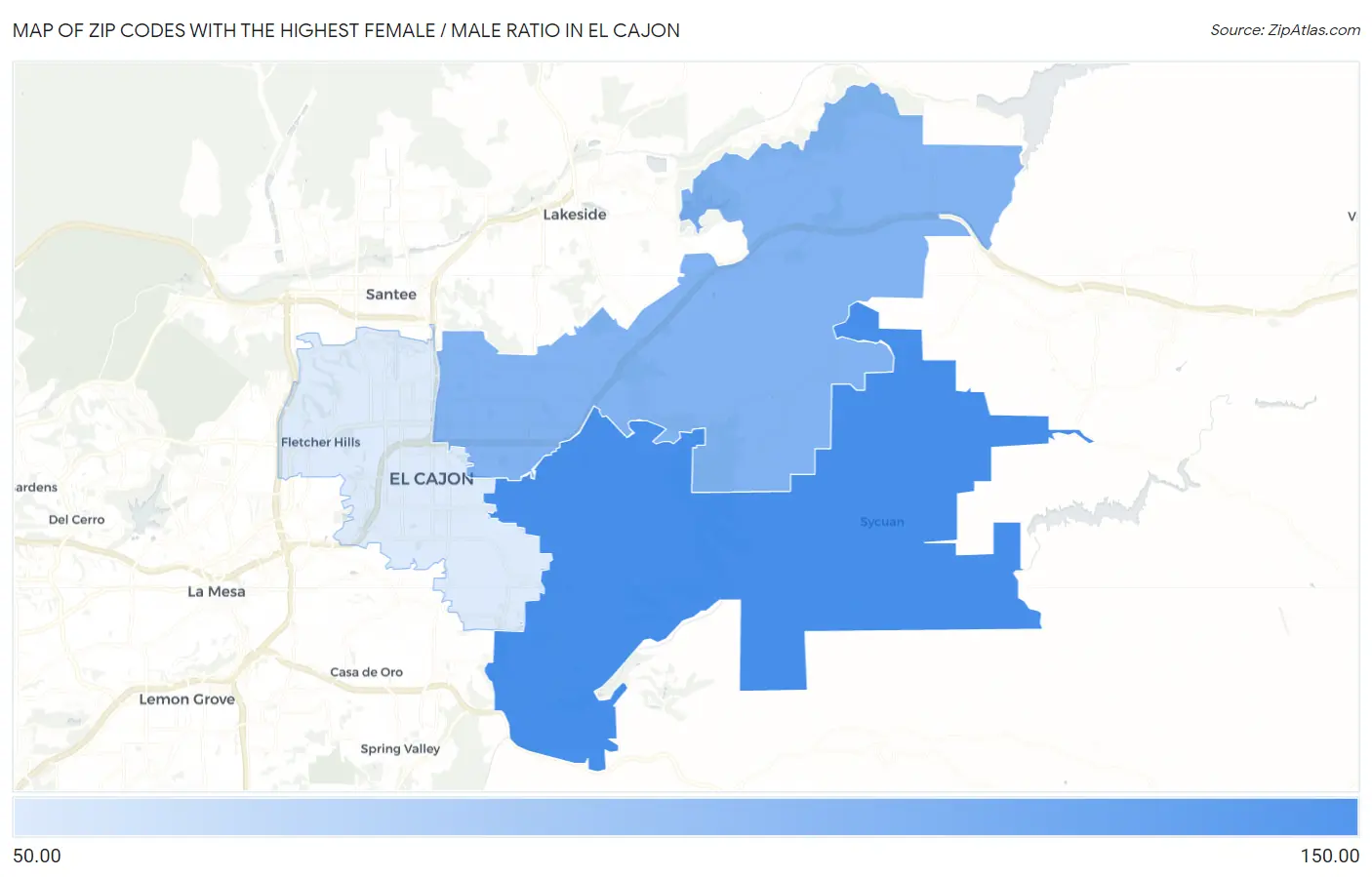 Zip Codes with the Highest Female / Male Ratio in El Cajon Map