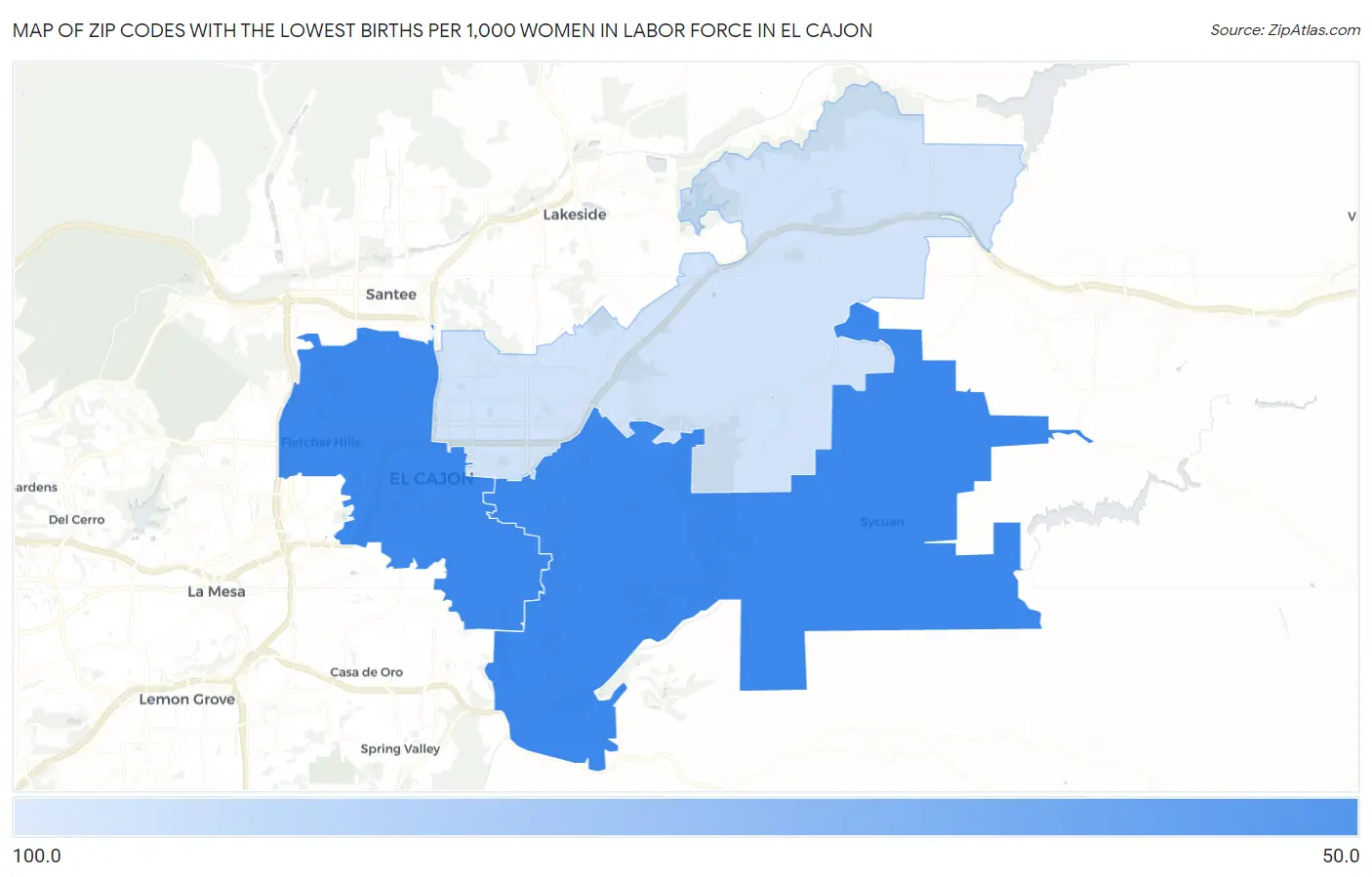 Zip Codes with the Lowest Births per 1,000 Women in Labor Force in El Cajon Map