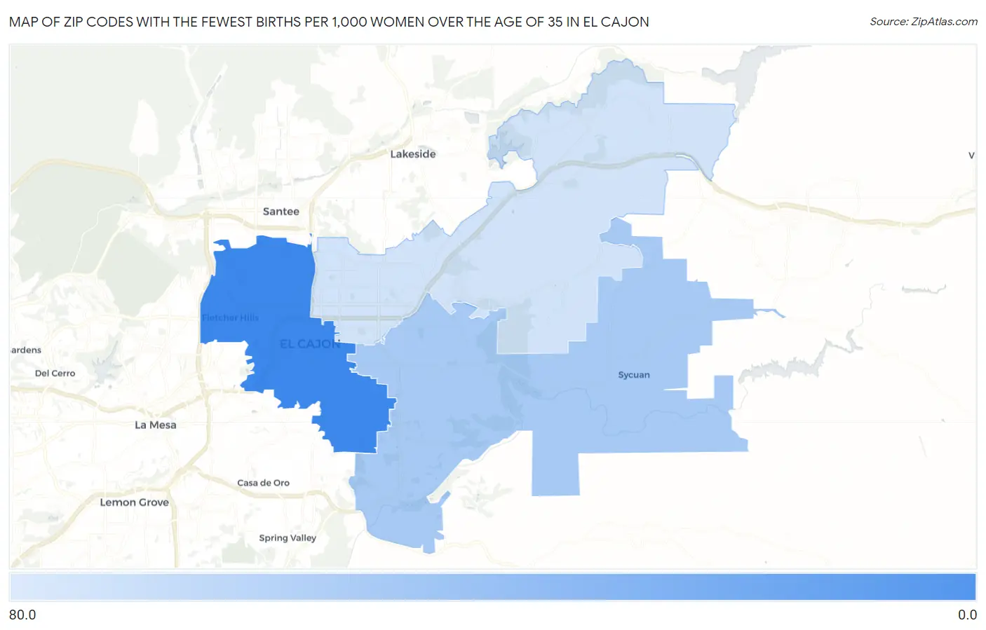 Zip Codes with the Fewest Births per 1,000 Women Over the Age of 35 in El Cajon Map