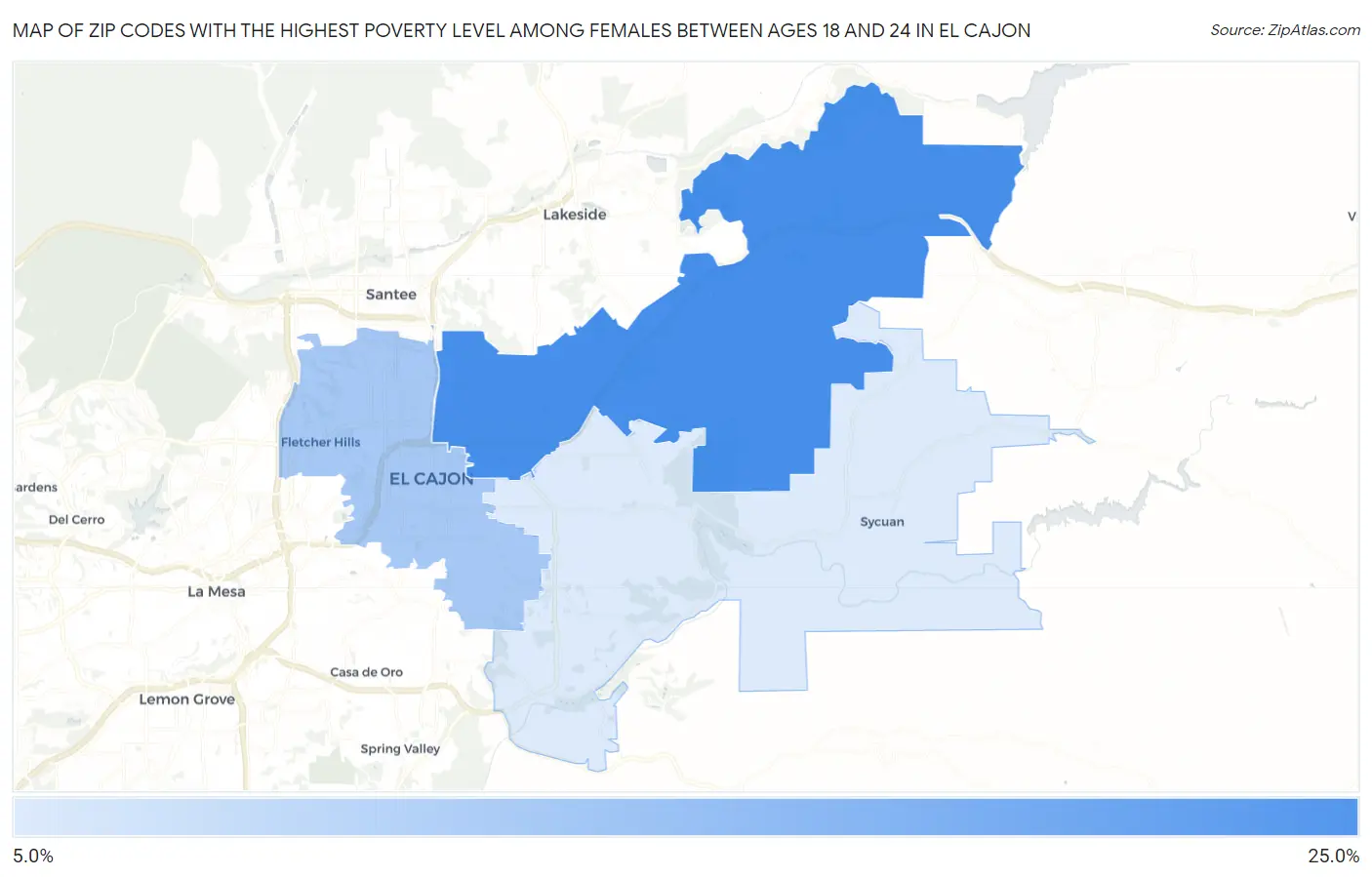 Zip Codes with the Highest Poverty Level Among Females Between Ages 18 and 24 in El Cajon Map