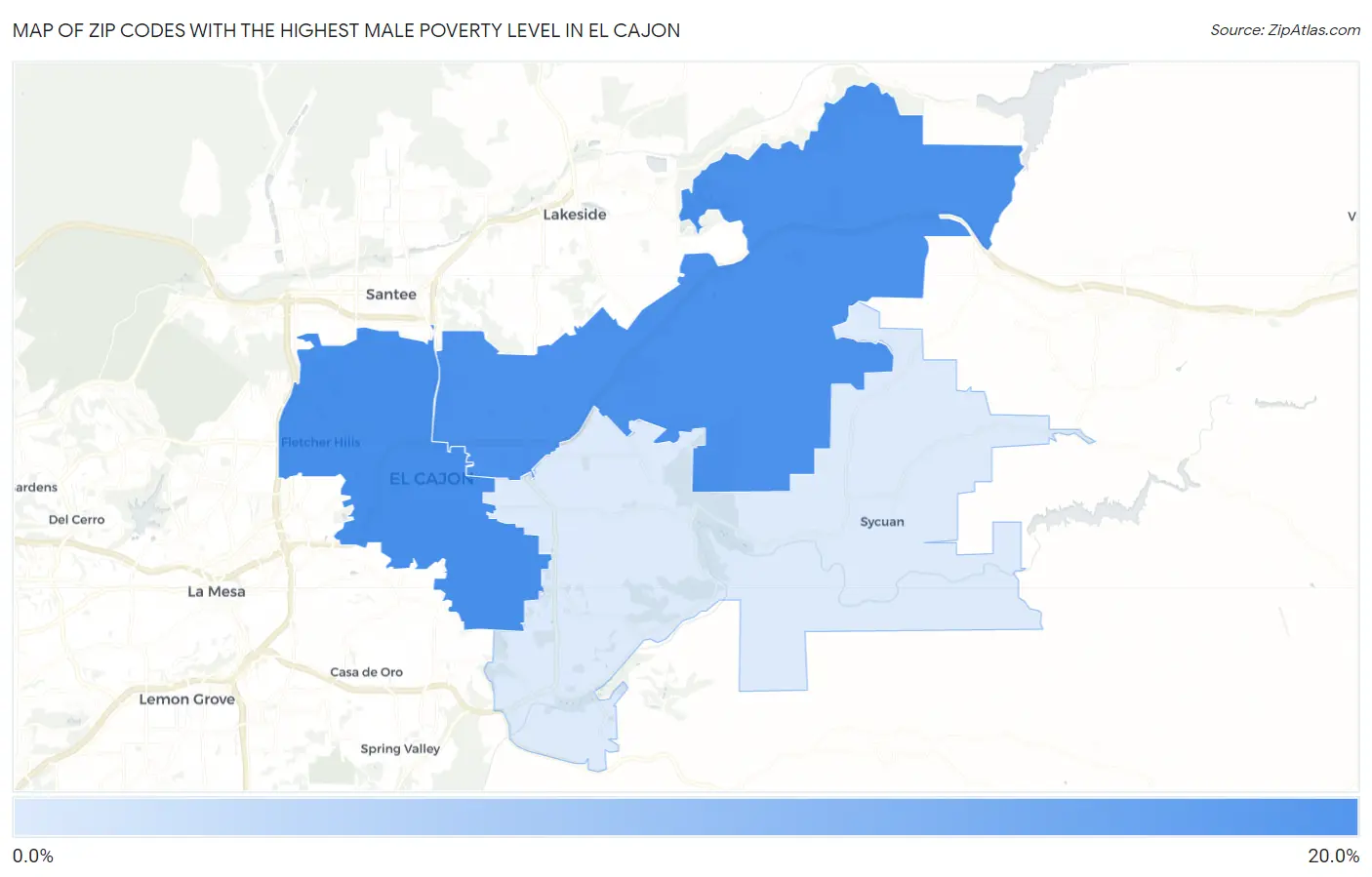 Zip Codes with the Highest Male Poverty Level in El Cajon Map