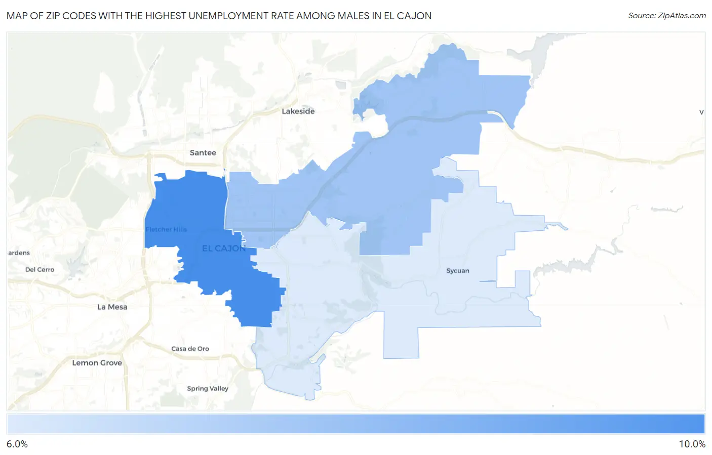 Zip Codes with the Highest Unemployment Rate Among Males in El Cajon Map