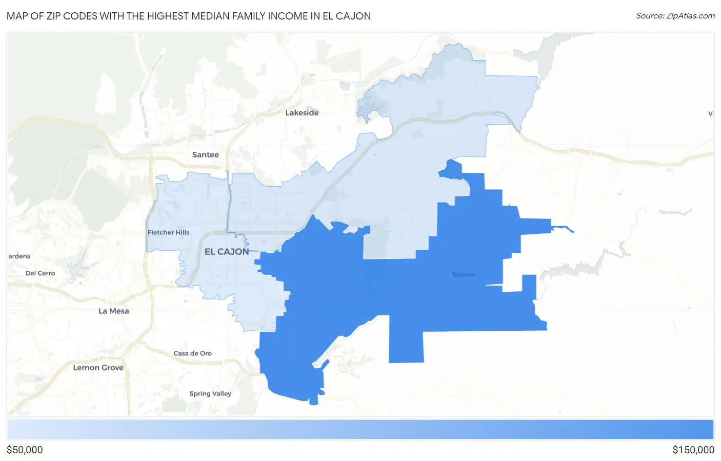 Zip Codes with the Highest Median Family Income in El Cajon Map