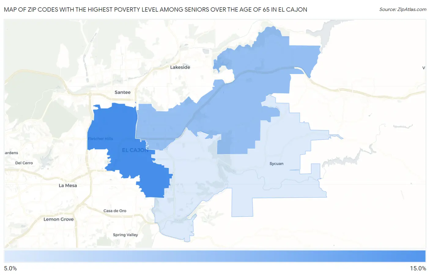 Zip Codes with the Highest Poverty Level Among Seniors Over the Age of 65 in El Cajon Map