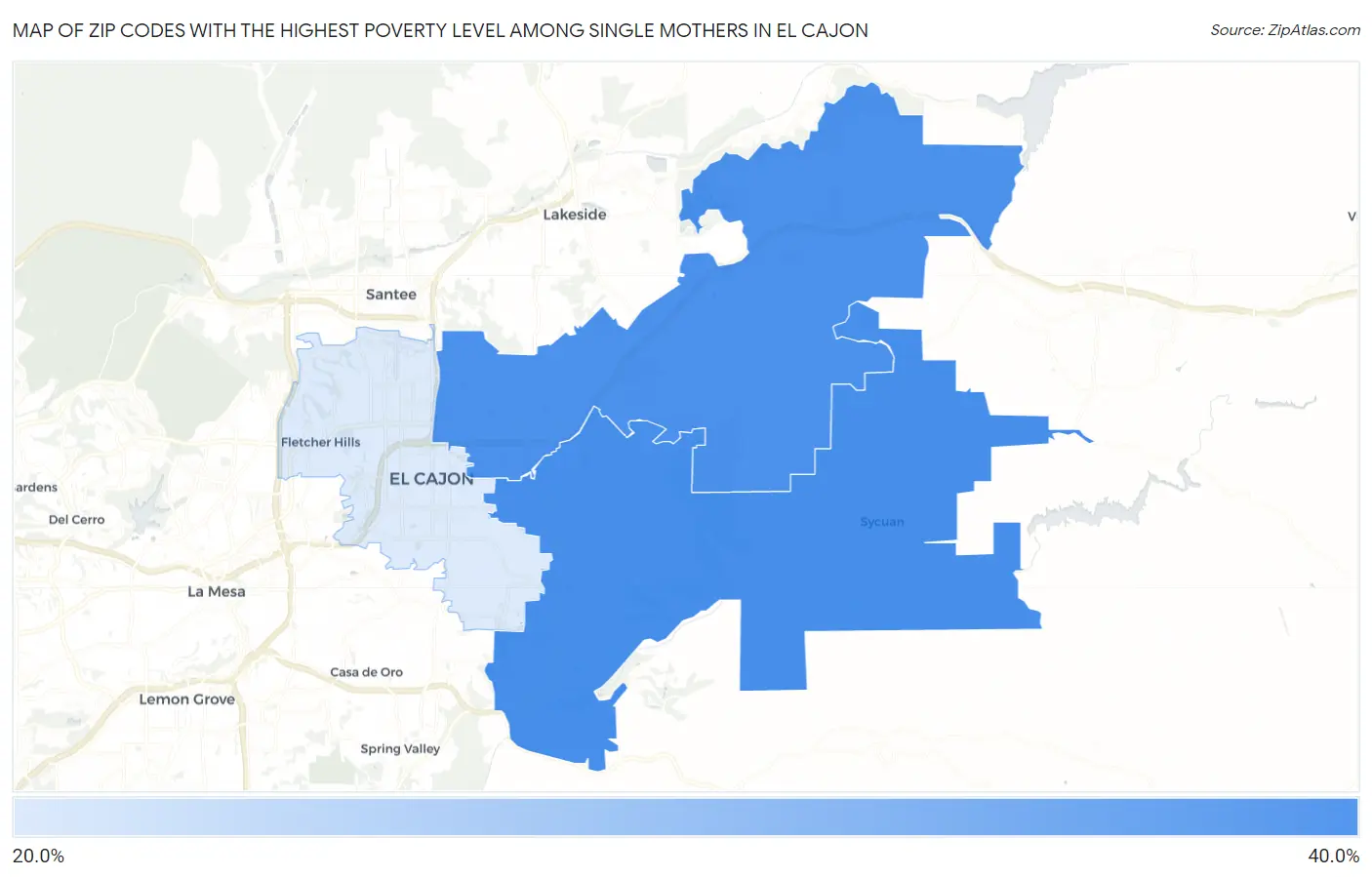 Zip Codes with the Highest Poverty Level Among Single Mothers in El Cajon Map