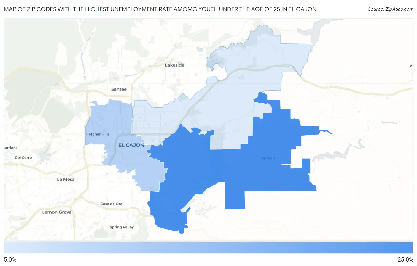 Zip Codes with the Highest Unemployment Rate Amomg Youth Under the Age of 25 in El Cajon Map