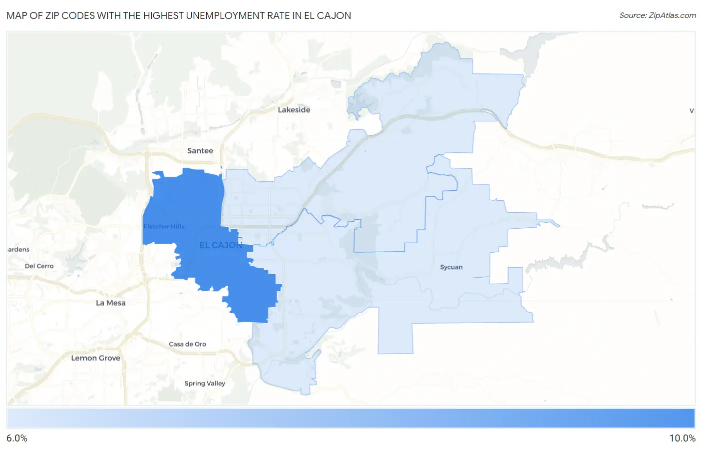 Zip Codes with the Highest Unemployment Rate in El Cajon Map