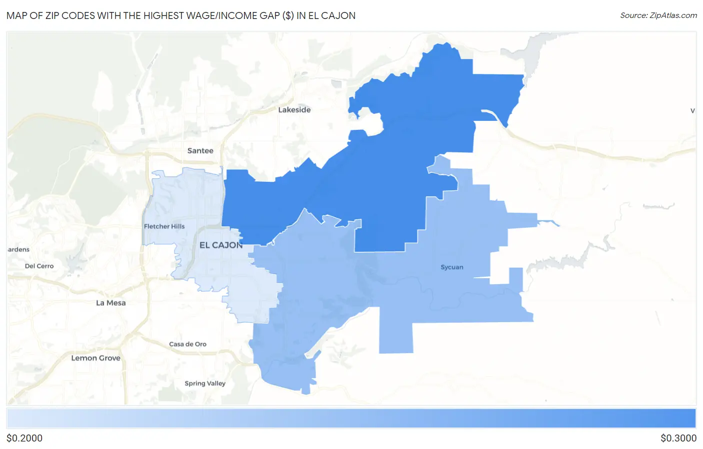 Zip Codes with the Highest Wage/Income Gap ($) in El Cajon Map