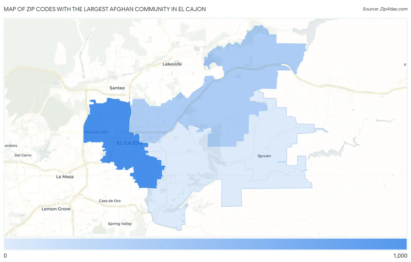 Zip Codes with the Largest Afghan Community in El Cajon Map