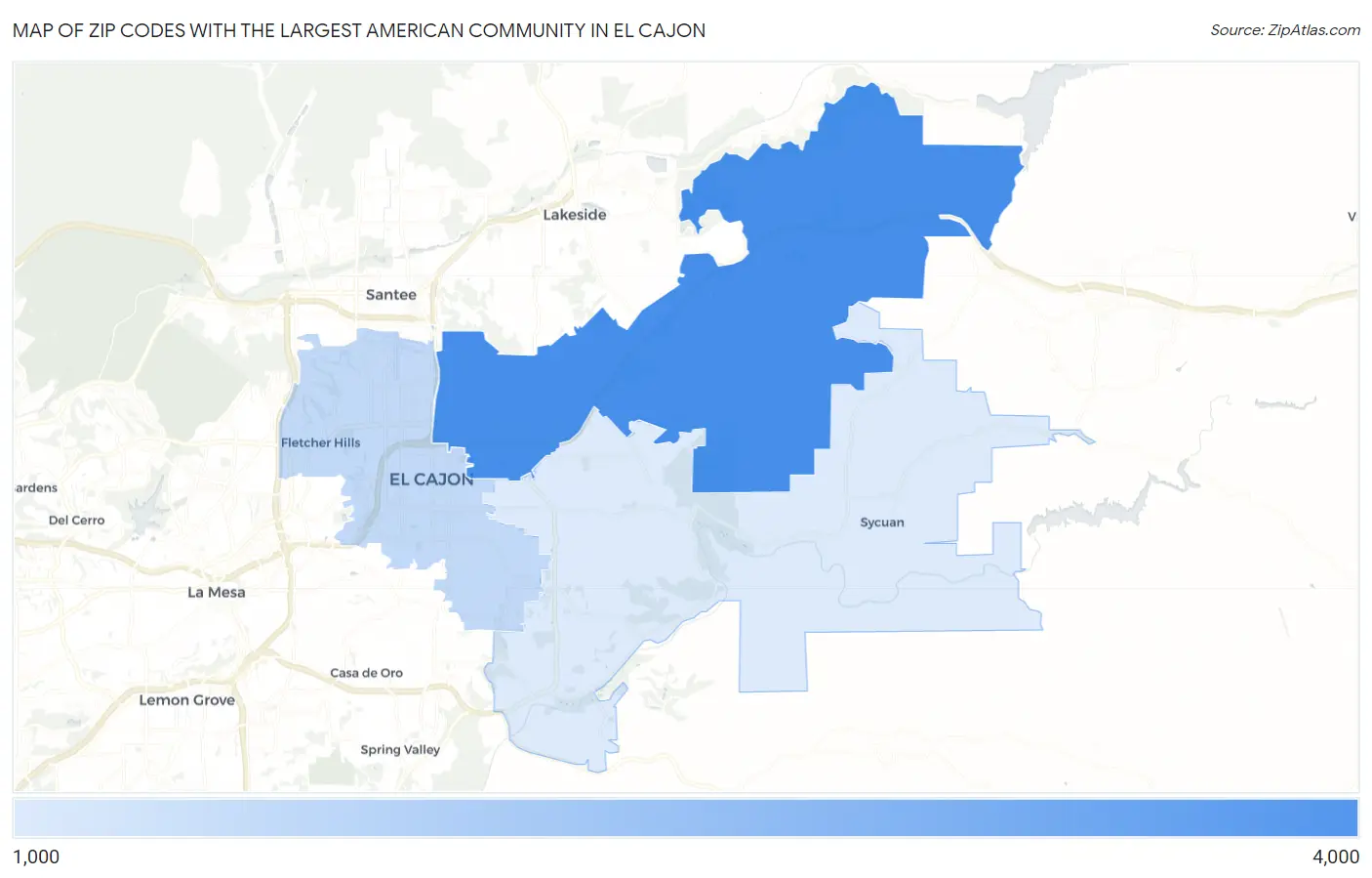 Zip Codes with the Largest American Community in El Cajon Map