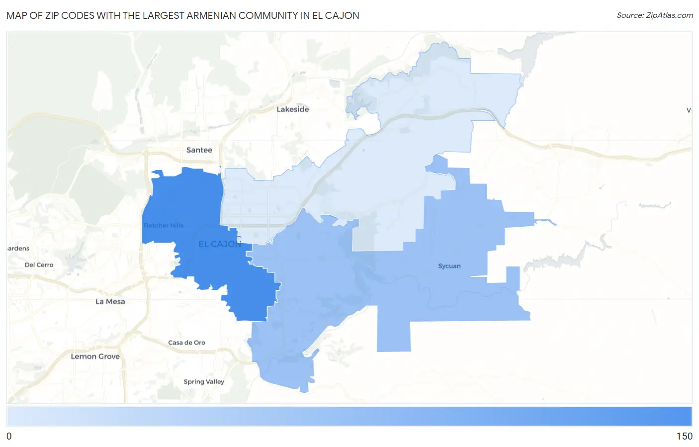 Zip Codes with the Largest Armenian Community in El Cajon Map
