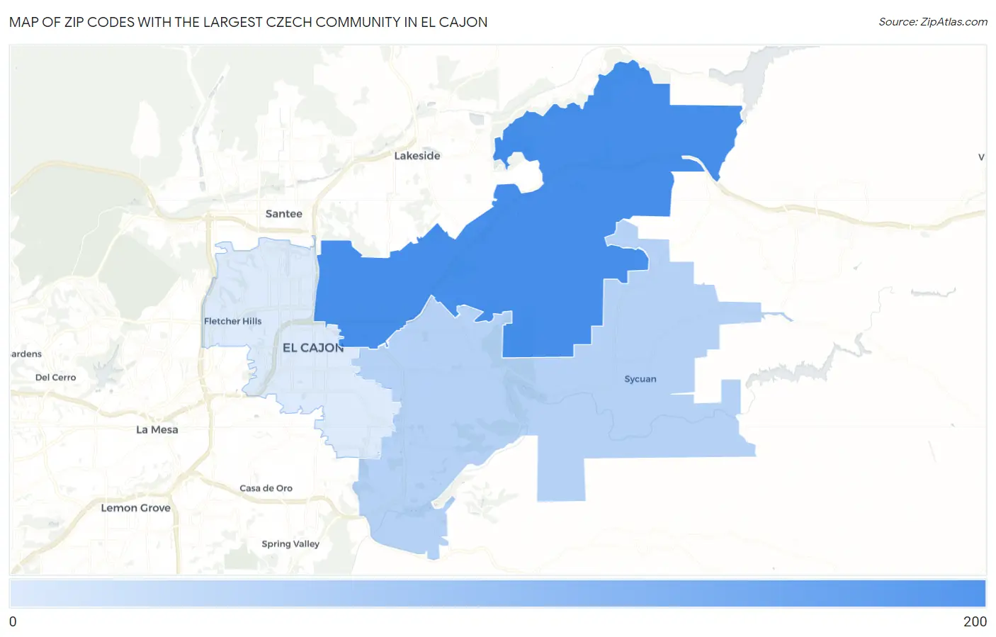 Zip Codes with the Largest Czech Community in El Cajon Map