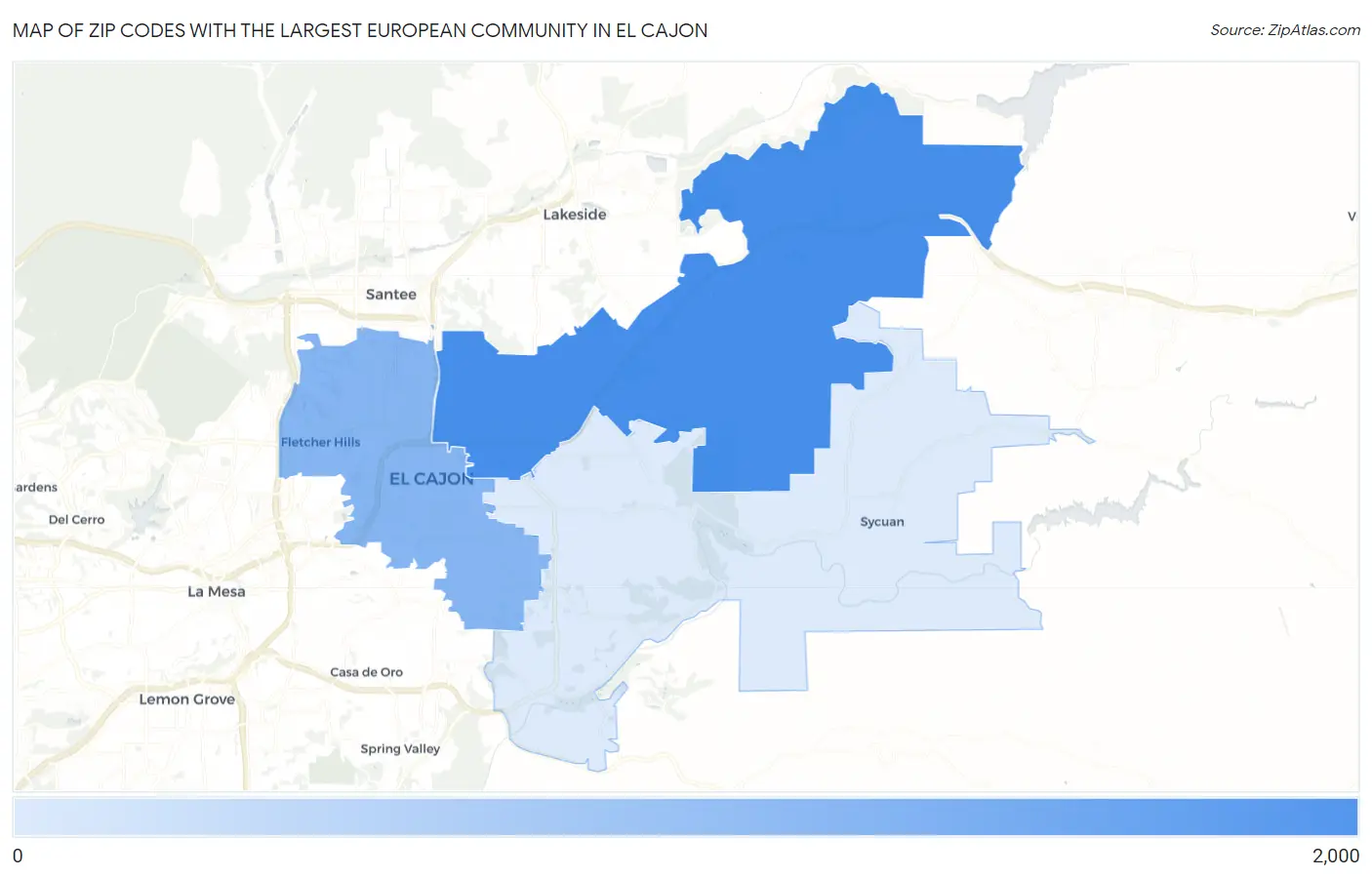 Zip Codes with the Largest European Community in El Cajon Map