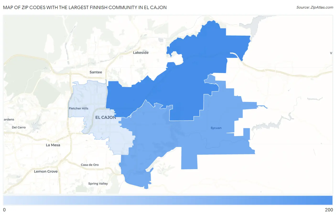 Zip Codes with the Largest Finnish Community in El Cajon Map