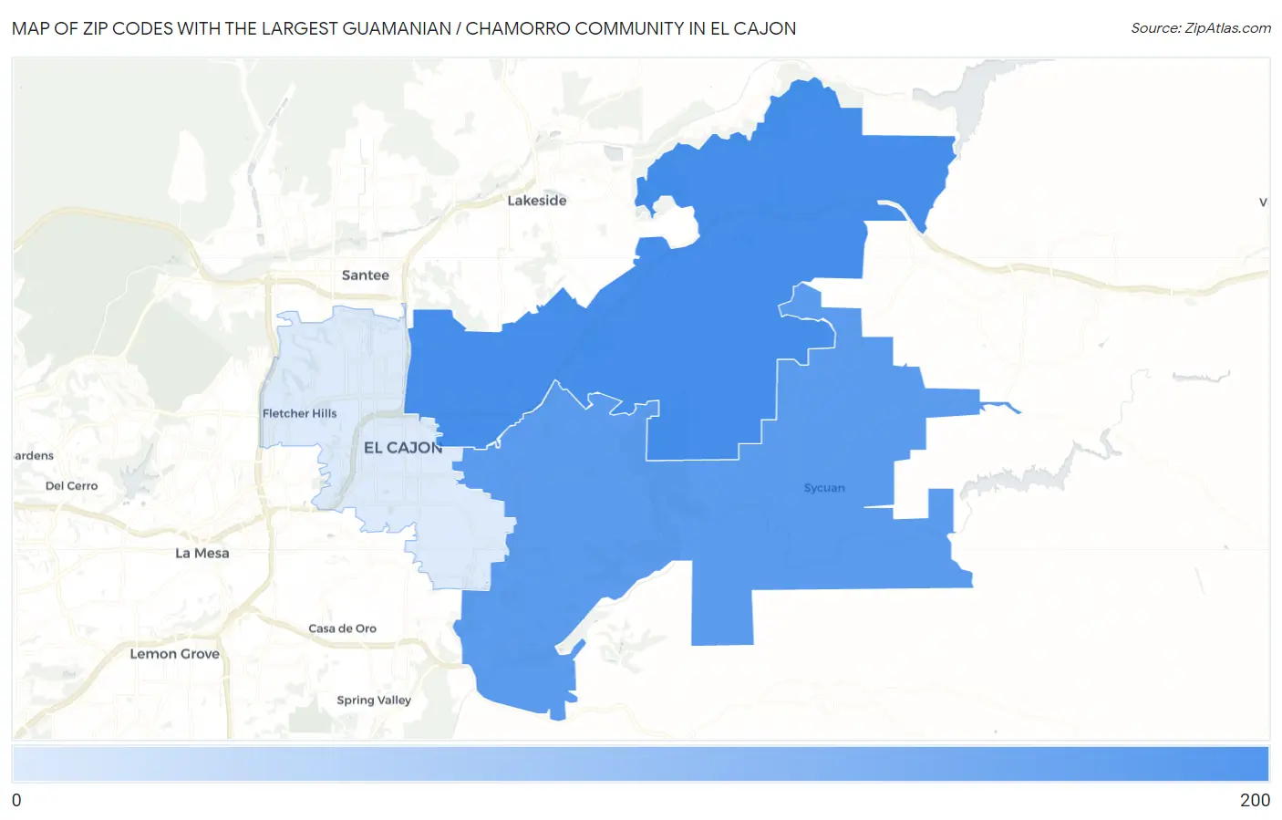 Zip Codes with the Largest Guamanian / Chamorro Community in El Cajon Map