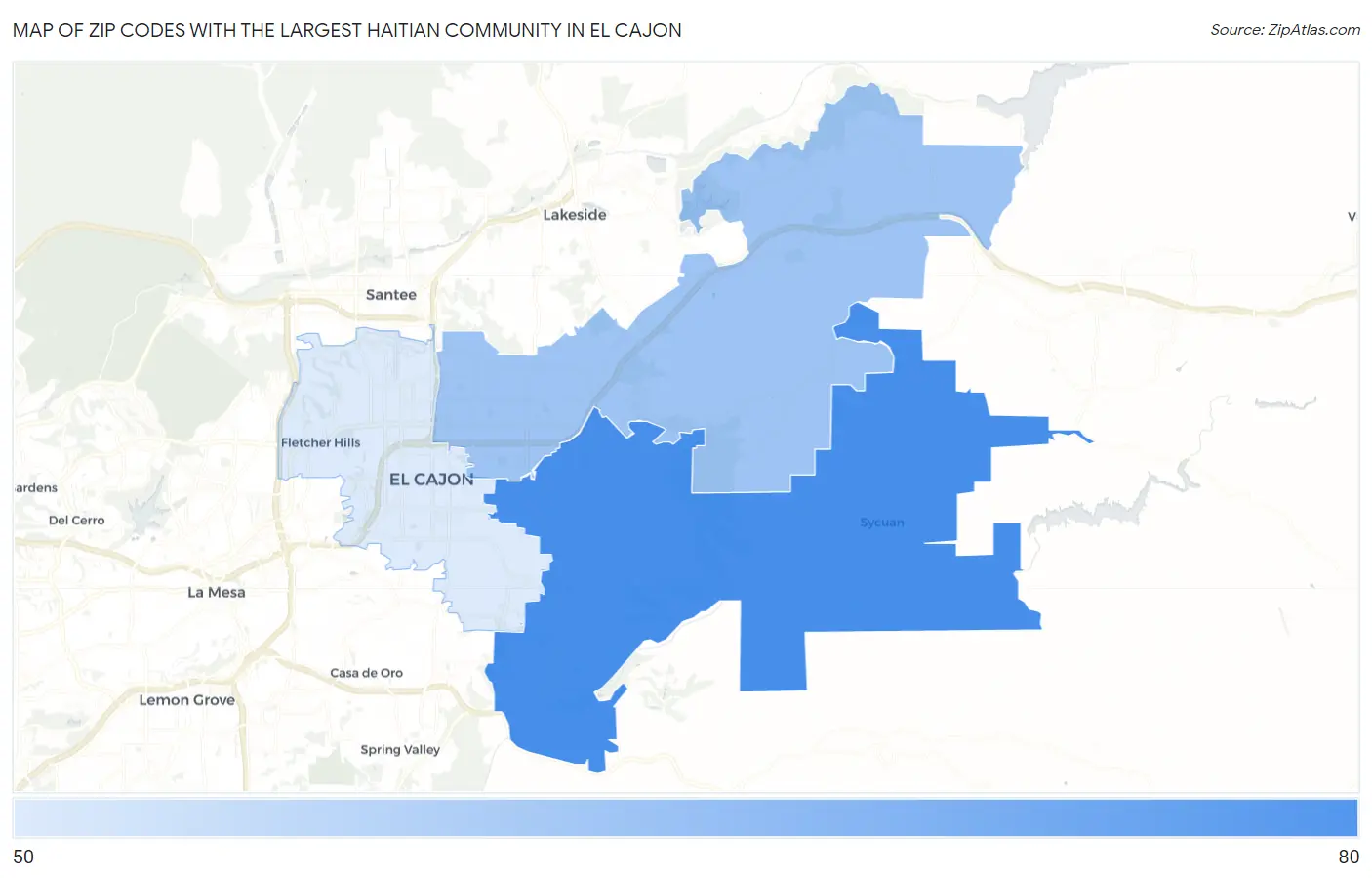 Zip Codes with the Largest Haitian Community in El Cajon Map