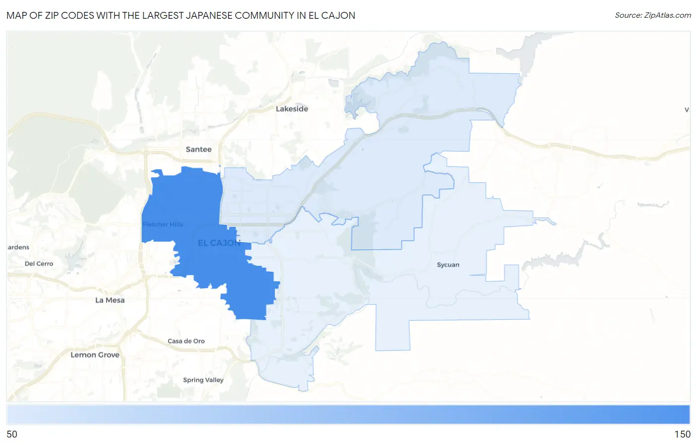 Zip Codes with the Largest Japanese Community in El Cajon Map