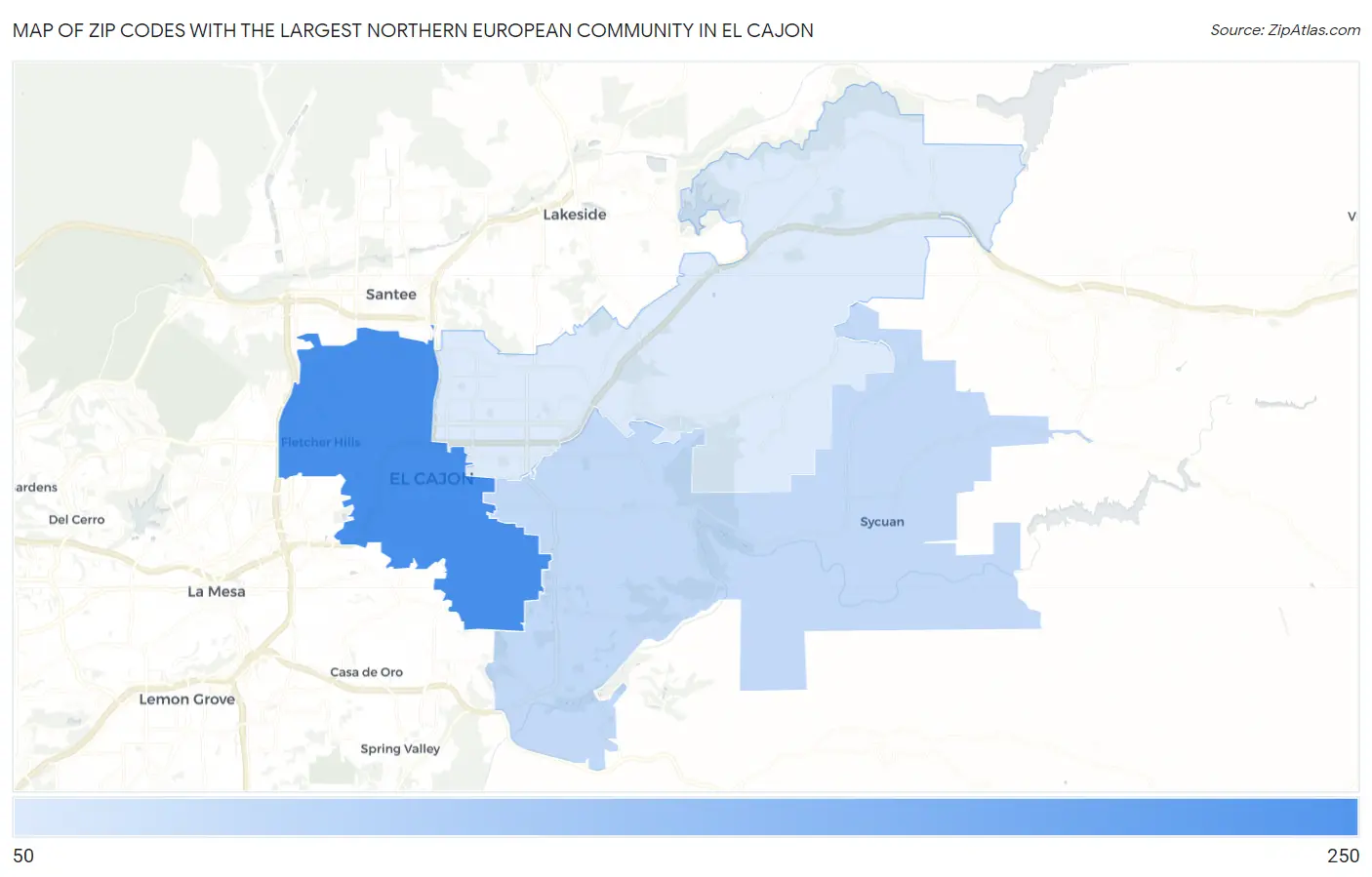 Zip Codes with the Largest Northern European Community in El Cajon Map