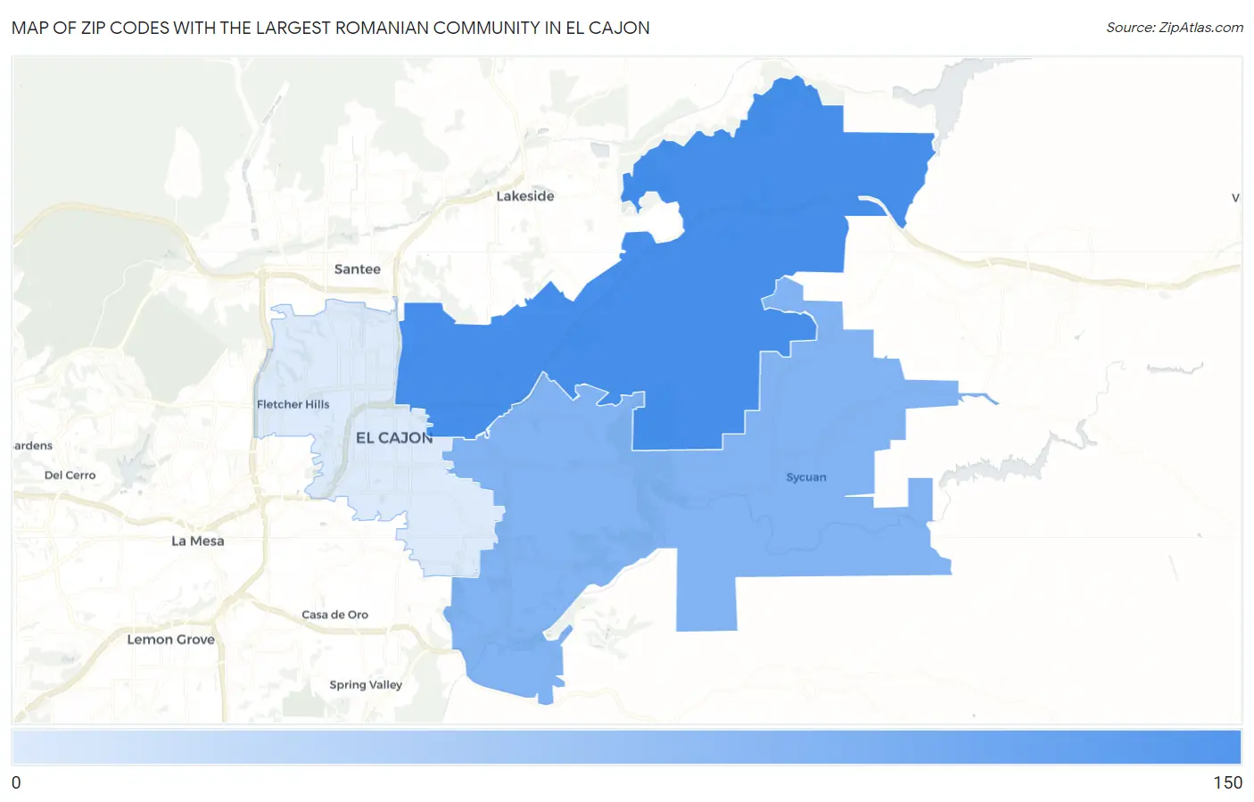 Zip Codes with the Largest Romanian Community in El Cajon Map