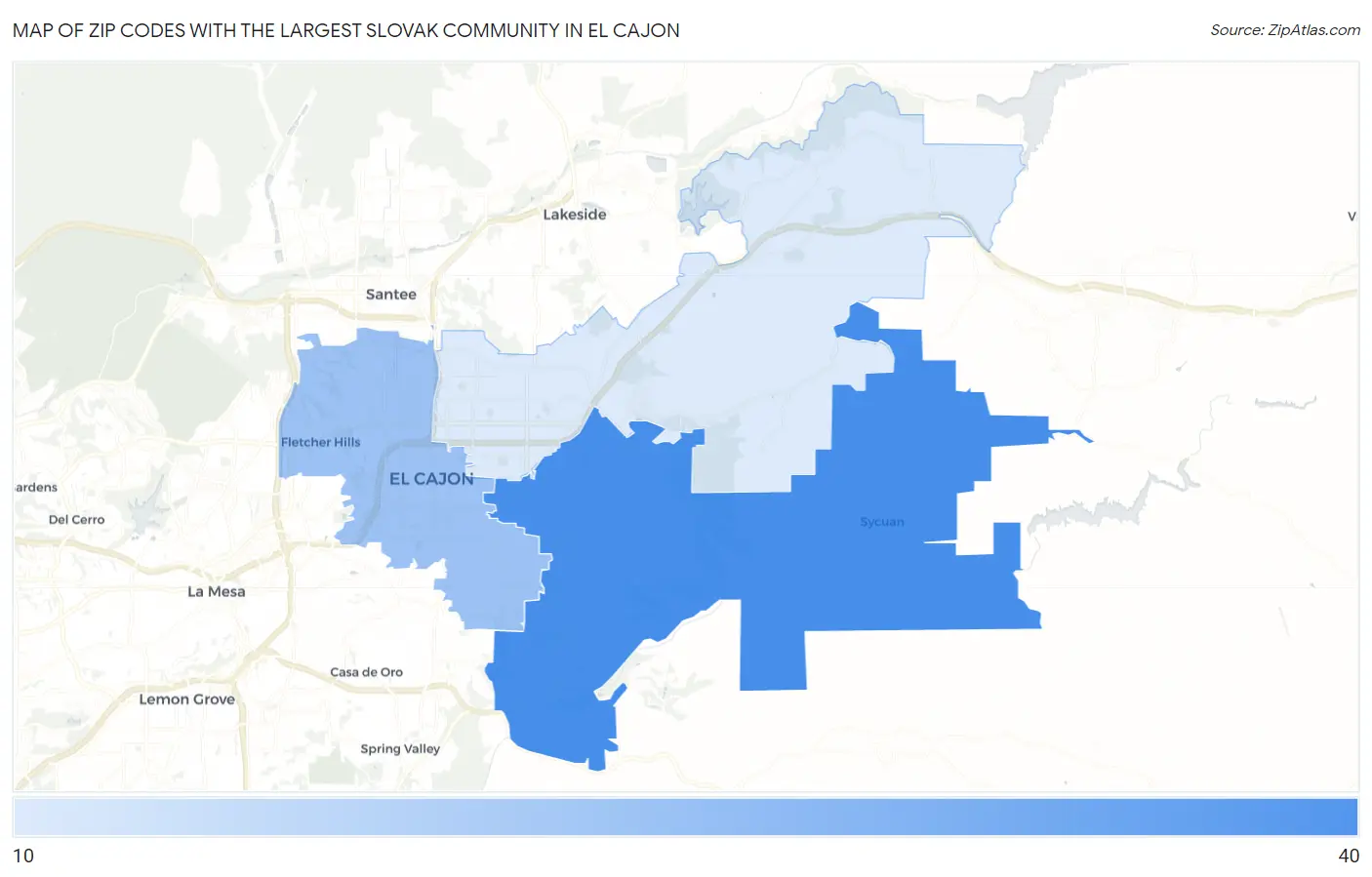 Zip Codes with the Largest Slovak Community in El Cajon Map