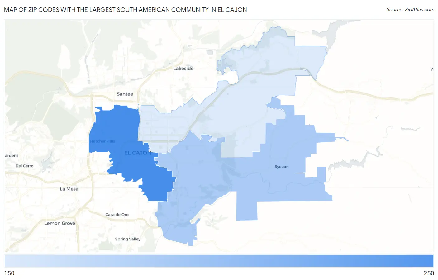 Zip Codes with the Largest South American Community in El Cajon Map