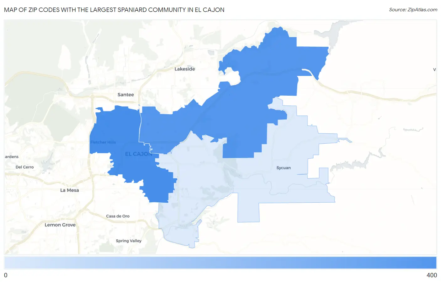 Zip Codes with the Largest Spaniard Community in El Cajon Map