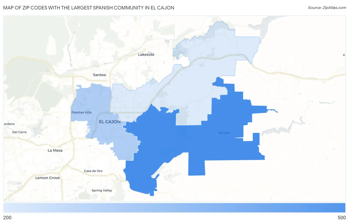 Zip Codes with the Largest Spanish Community in El Cajon Map