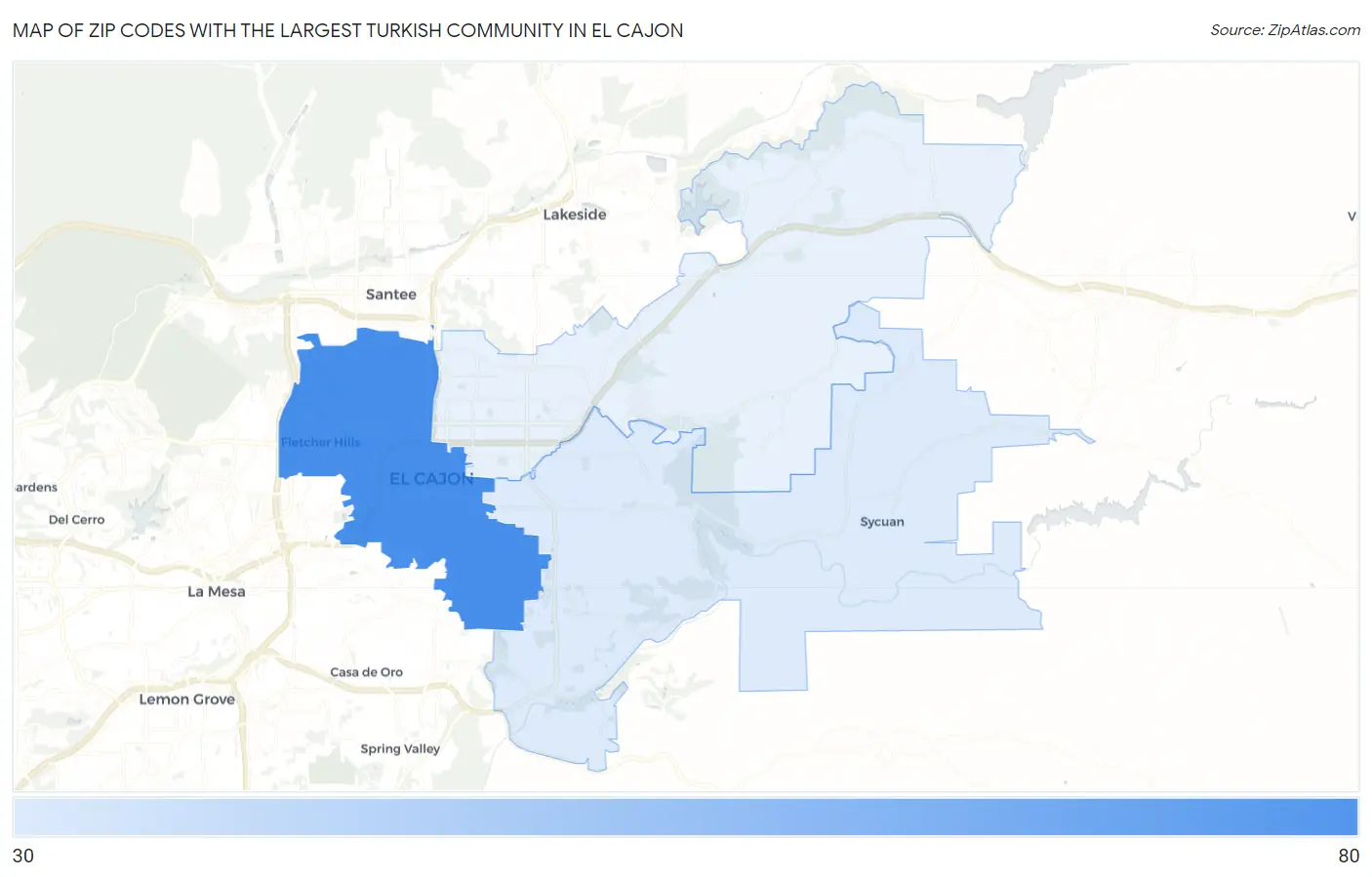 Zip Codes with the Largest Turkish Community in El Cajon Map