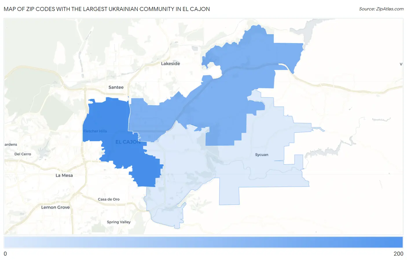 Zip Codes with the Largest Ukrainian Community in El Cajon Map