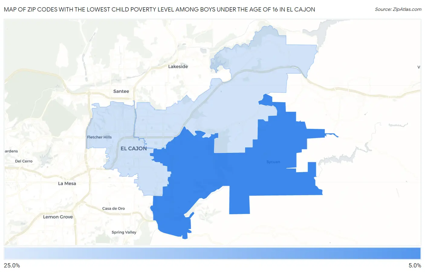 Zip Codes with the Lowest Child Poverty Level Among Boys Under the Age of 16 in El Cajon Map