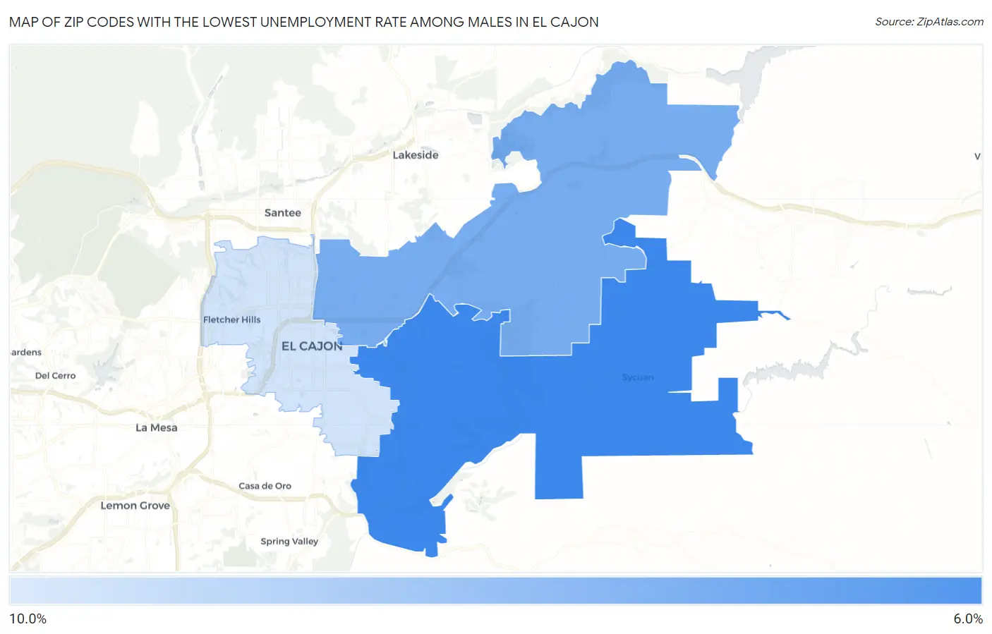 Zip Codes with the Lowest Unemployment Rate Among Males in El Cajon Map