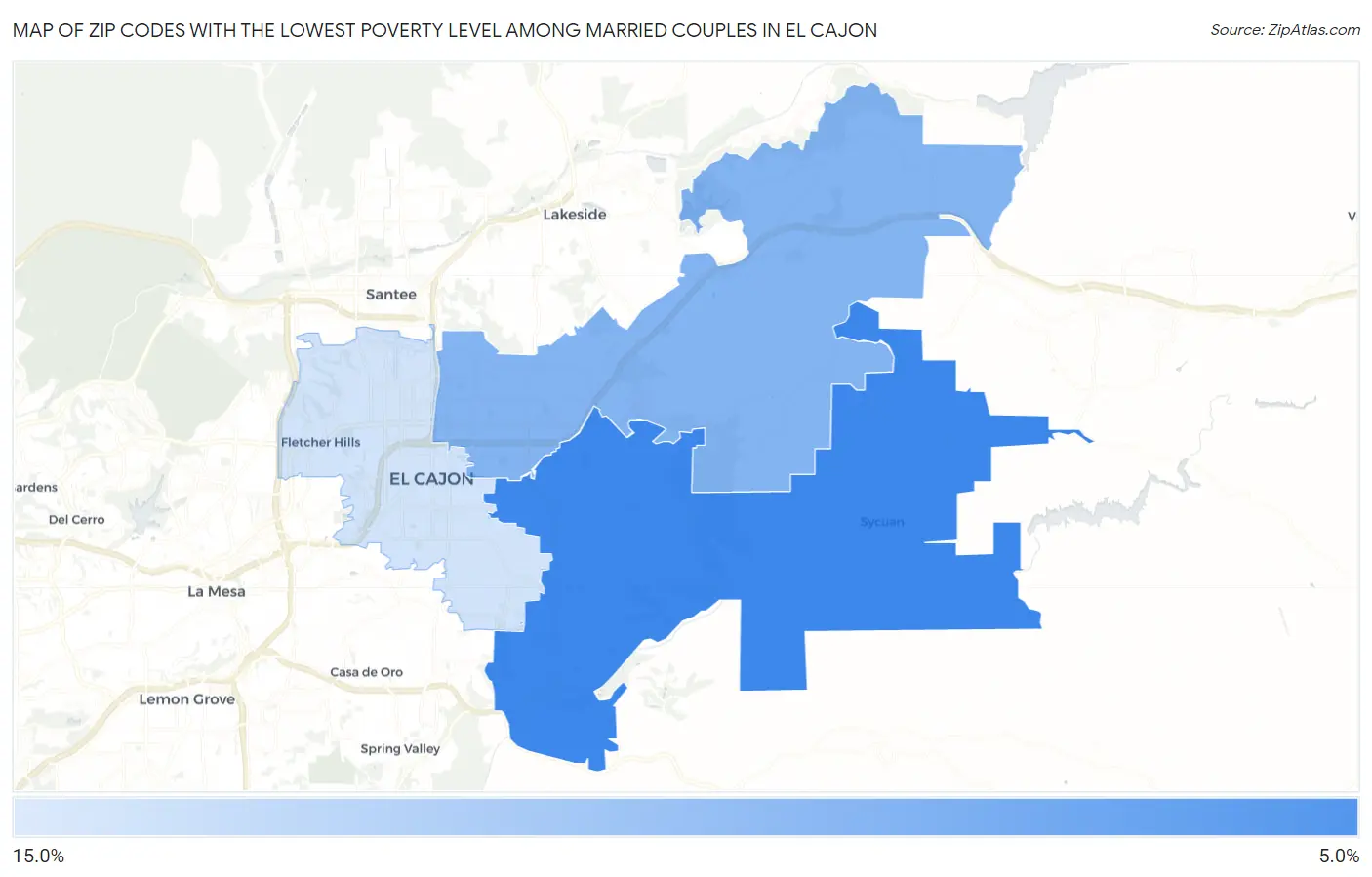Zip Codes with the Lowest Poverty Level Among Married Couples in El Cajon Map