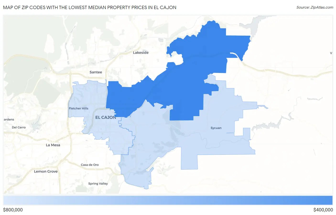 Zip Codes with the Lowest Median Property Prices in El Cajon Map