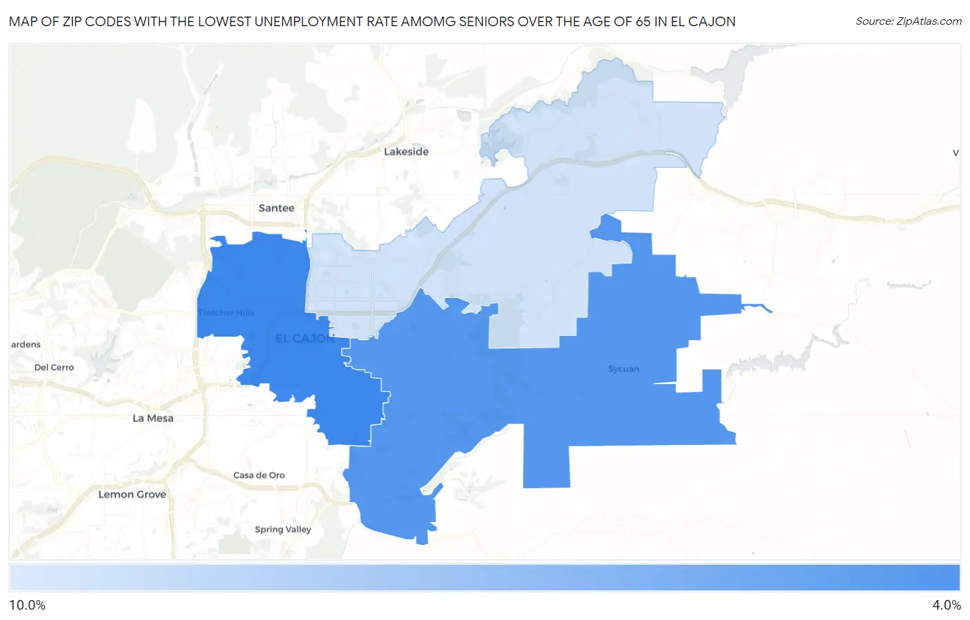 Zip Codes with the Lowest Unemployment Rate Amomg Seniors Over the Age of 65 in El Cajon Map