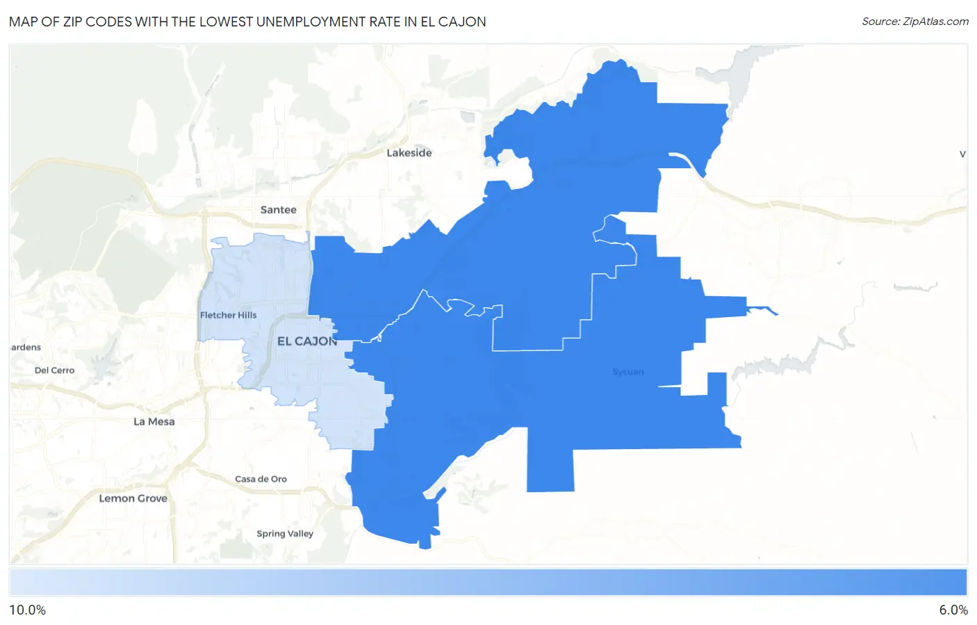 Zip Codes with the Lowest Unemployment Rate in El Cajon Map